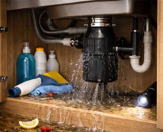 Leaking garbage disposal with food waste on the floor requiring garbage disposal repair near me