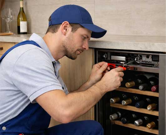 Technician performing wine cooler repair Orange County in a residential kitchen