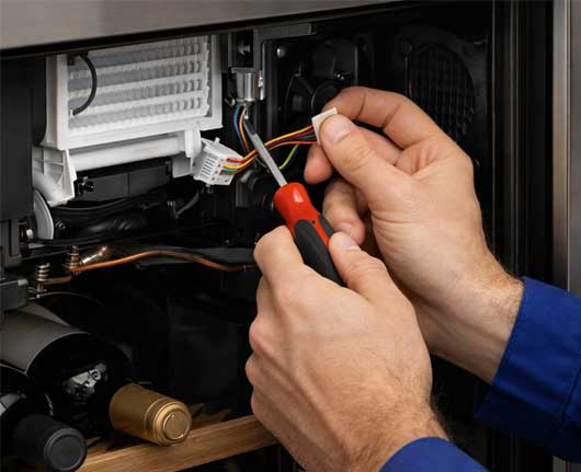 Technician hands fixing internal components during emergency wine cooler repair