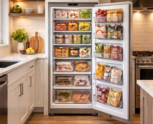 Built-in freezer in a modern home kitchen representing appliance repair near me for household equipment