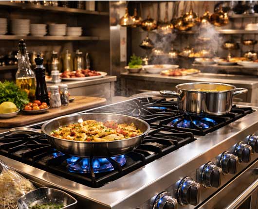 Commercial gas range in a restaurant kitchen illustrating emergency appliance repair in Anaheim