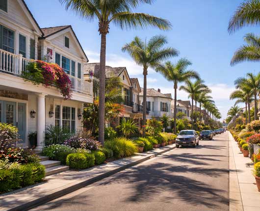 Residential street with coastal homes in Corona Del Mar illustrating appliance repair Corona Del Mar services for local households