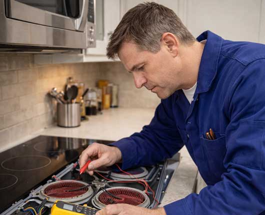 Technician performing cooktop repair Orange County on a built-in kitchen surface