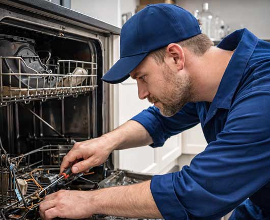 Technician performing dishwasher repair Orange County on a built-in kitchen dishwasher