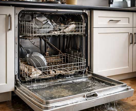 Leaking dishwasher with dirty interior requiring dishwasher repair near me