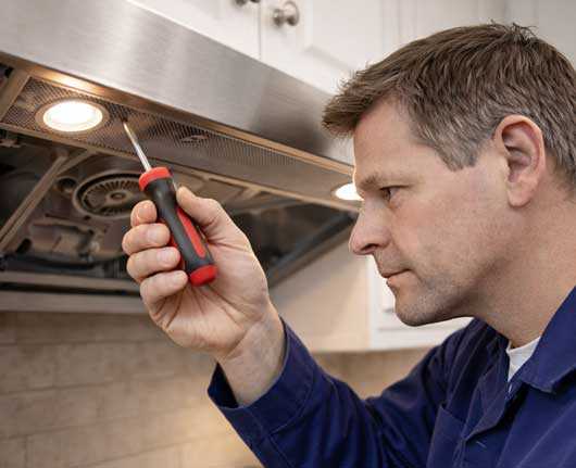 Technician performing exhaust hood repair Orange County on a kitchen ventilation system