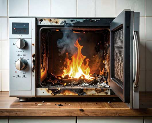 Severely damaged microwave with fire and melted interior requiring emergency microwave repair