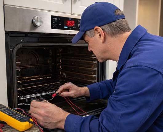 Technician performing oven repair Orange County on a built-in kitchen oven