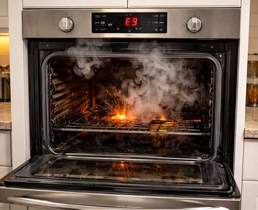 Malfunctioning oven with smoke and sparks requiring emergency oven repair
