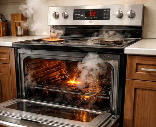 Malfunctioning kitchen range with smoke and sparks requiring range repair near me