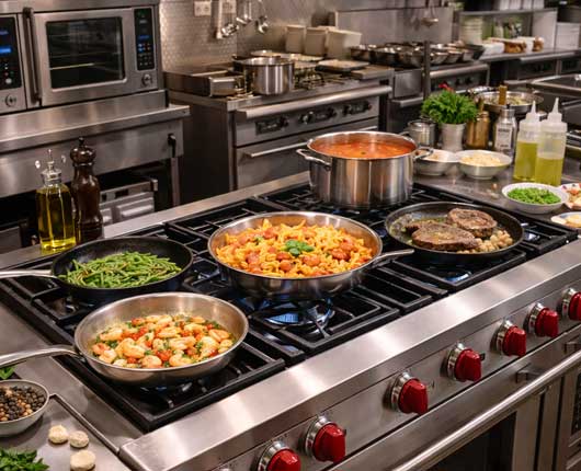 Commercial cooktop in professional restaurant kitchen → emergency appliance service in Laguna Beach