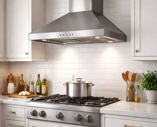 Stainless steel exhaust hood above cooktop in modern home kitchen → appliance repair near me
