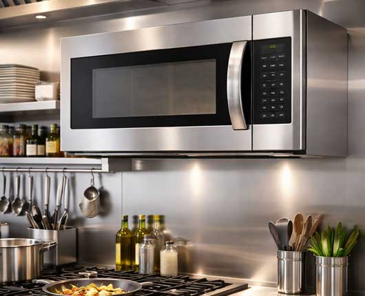 Commercial microwave installed in stainless steel restaurant kitchen workspace → emergency appliance service in Laguna Niguel