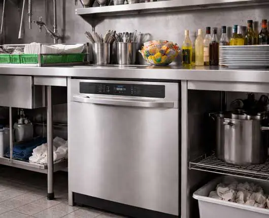 Commercial dishwasher in professional restaurant kitchen → emergency appliance service in Laguna Woods
