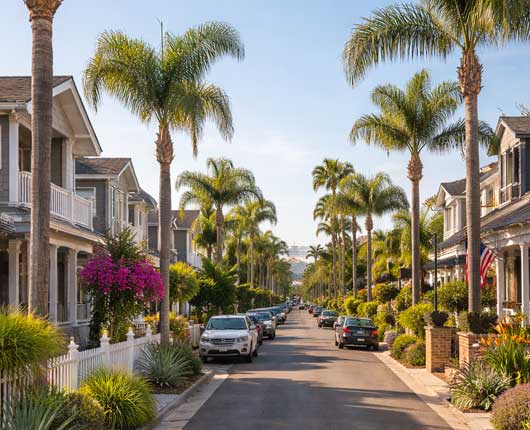 Tree-lined residential street with single-family homes in Costa Mesa illustrating appliance repair Costa Mesa services for local households