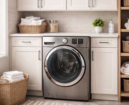 Front-load dryer in modern home laundry room → appliance repair near me