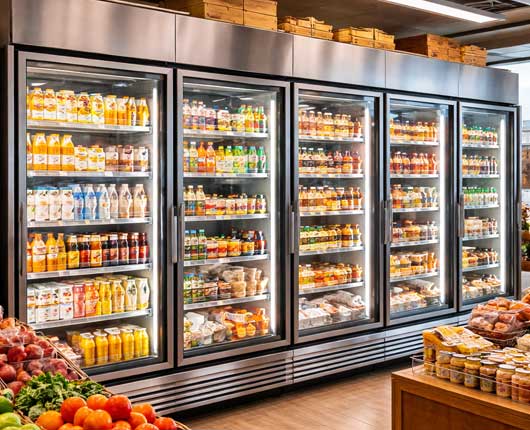 Commercial refrigerator with glass doors in grocery store aisle → emergency appliance service in Irvine